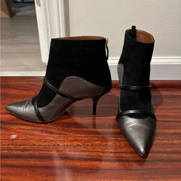 Malone Souliers Pointed Toe Black Suede and Silver Leather Ankle Boots - Picture 3 of 9